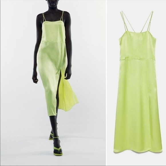 Zara Dresses Zara Lime Green Silky Satin Midi Dress Extra Small Nwt